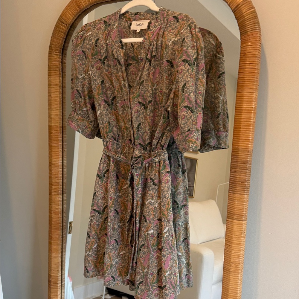 ba&sh Floral Mini Dress - Pink and Green- Jasmine Belted Printed Shirtdress